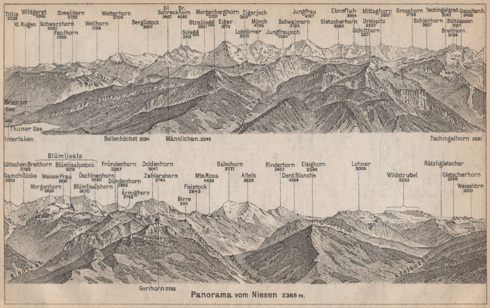 PANORAMA from/von NIESEN 2366m. Blumisalp Jungfrau Switzerland Schweiz 1899 map